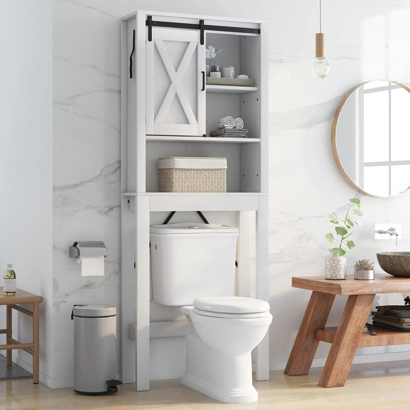 3-Tier Wodden Bathroom Cabinet with Sliding Barn Door and 3-position Adjustable Shelves-White by DirectDeals