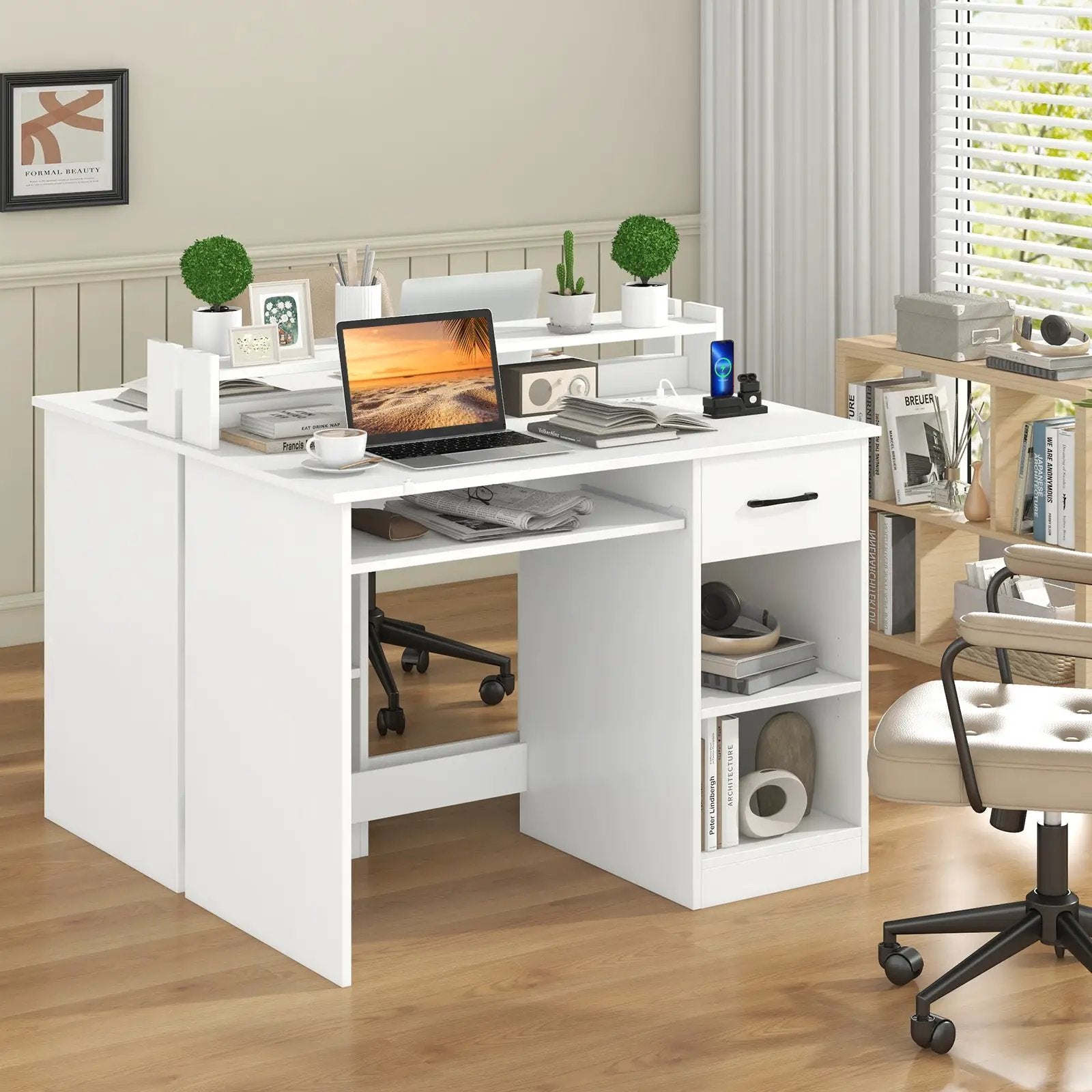 White Desk with Charging Station and Adjustable Shelf for Home Office-White by DirectDeals