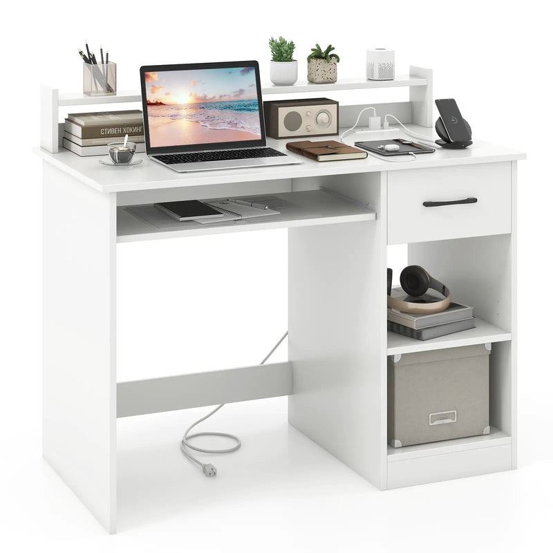 White Desk with Charging Station and Adjustable Shelf for Home Office-White by DirectDeals