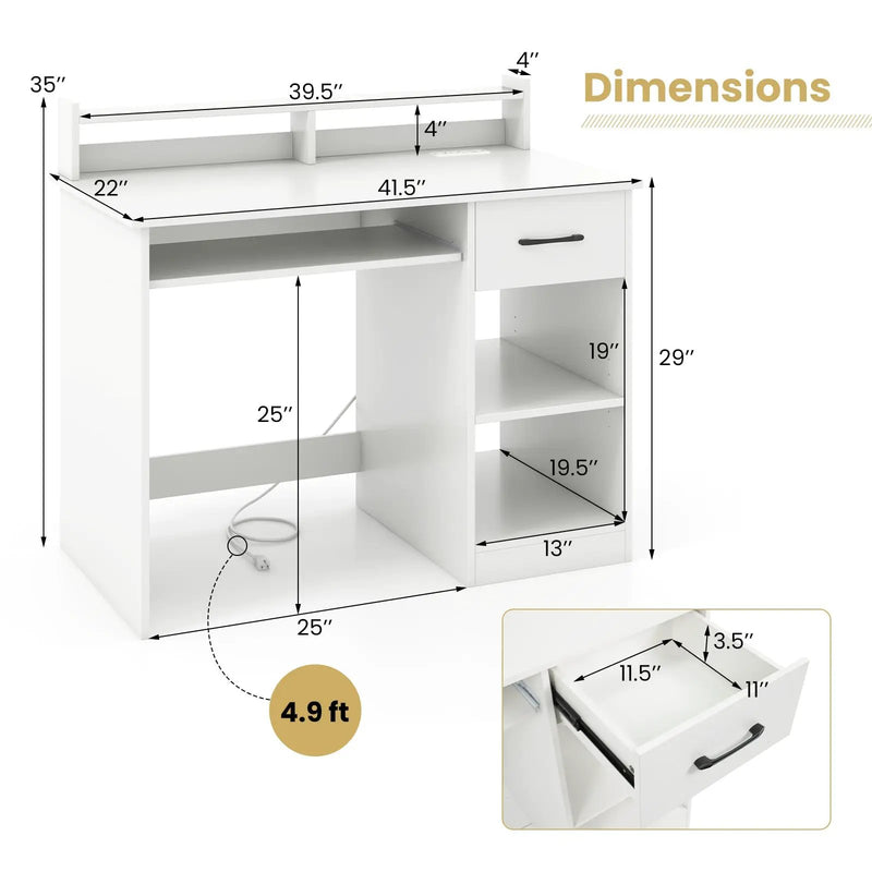 White Desk with Charging Station and Adjustable Shelf for Home Office-White by DirectDeals