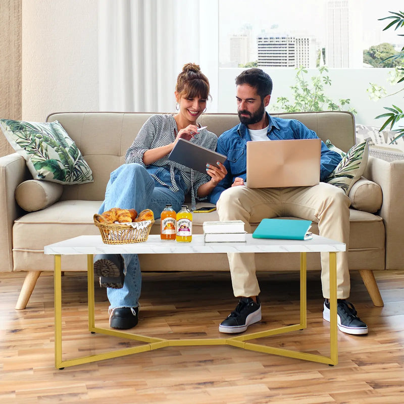 White Faux Marble Coffee Table with Gold Finished Metal Frame by DirectDeals
