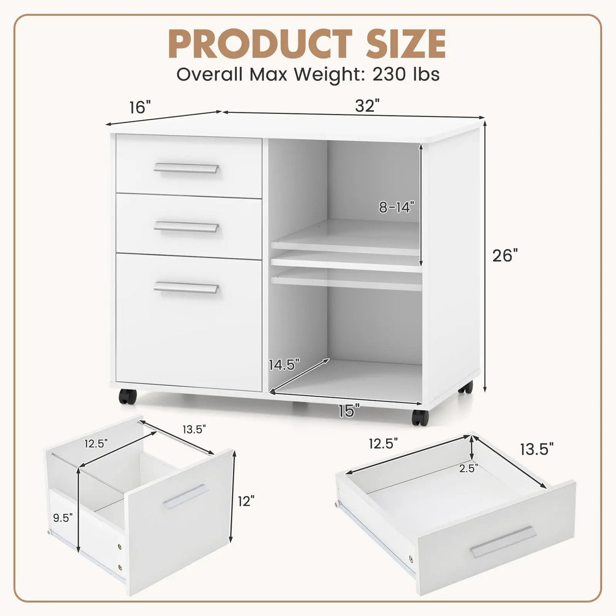 3-Drawer Mobile Lateral File Cabinet Printer Stand, photo 13 of 24