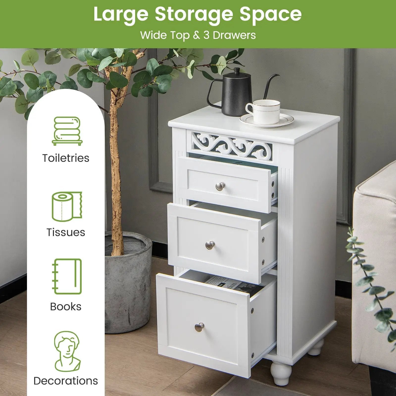 3-Drawer Freestanding Bathroom Storage Cabinet with Anti-toppling Device-White by DirectDeals