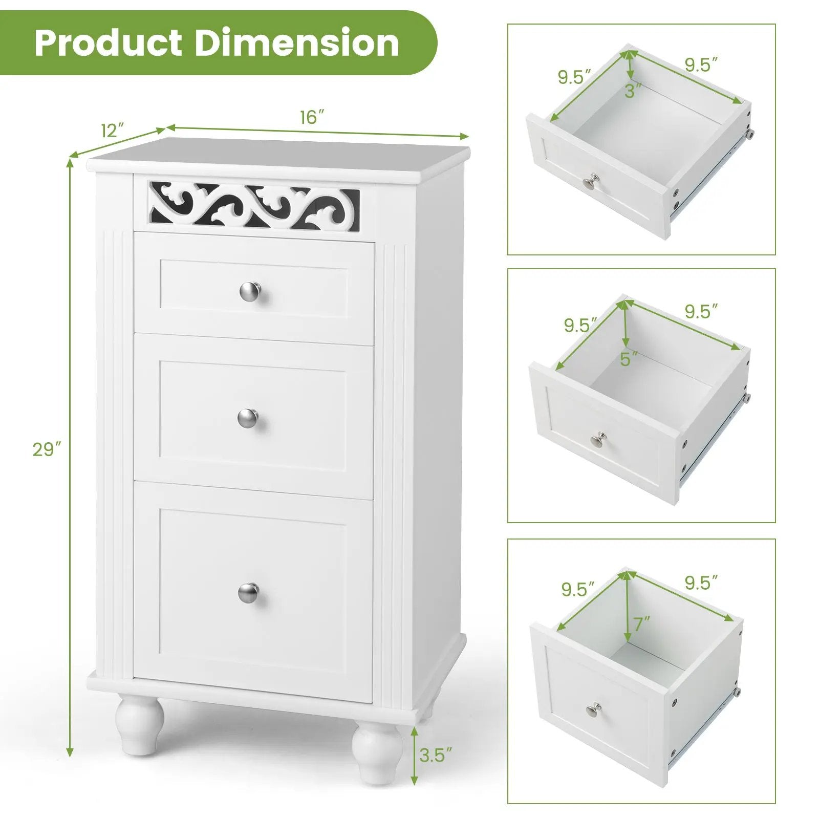 3-Drawer Freestanding Bathroom Storage Cabinet with Anti-toppling Device-White by DirectDeals
