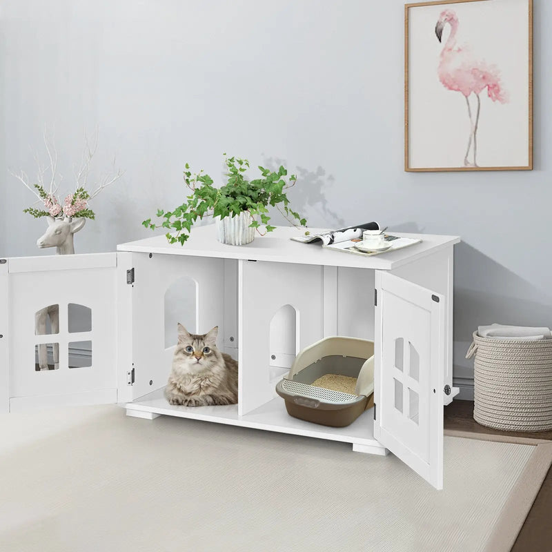 Wooden Cat Litter Box Enclosure with Divider - White by DirectDeals