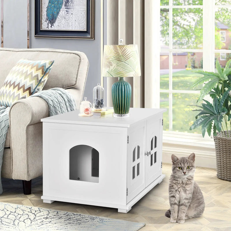 Large Wooden Cat Litter Box Enclosure Hidden Cat Washroom with Divider by DirectDeals
