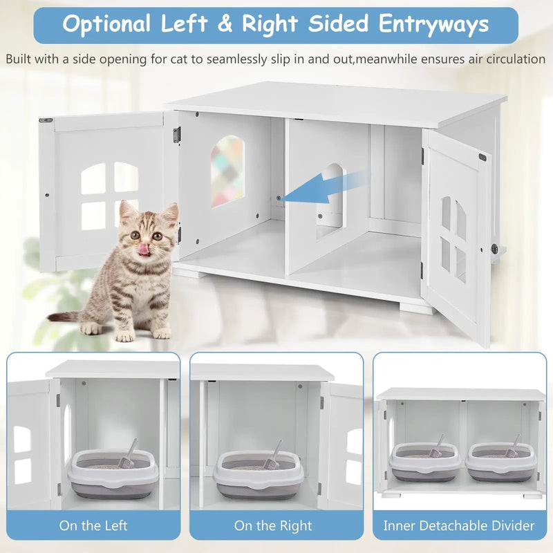 Large Wooden Cat Litter Box Enclosure Hidden Cat Washroom with Divider by DirectDeals