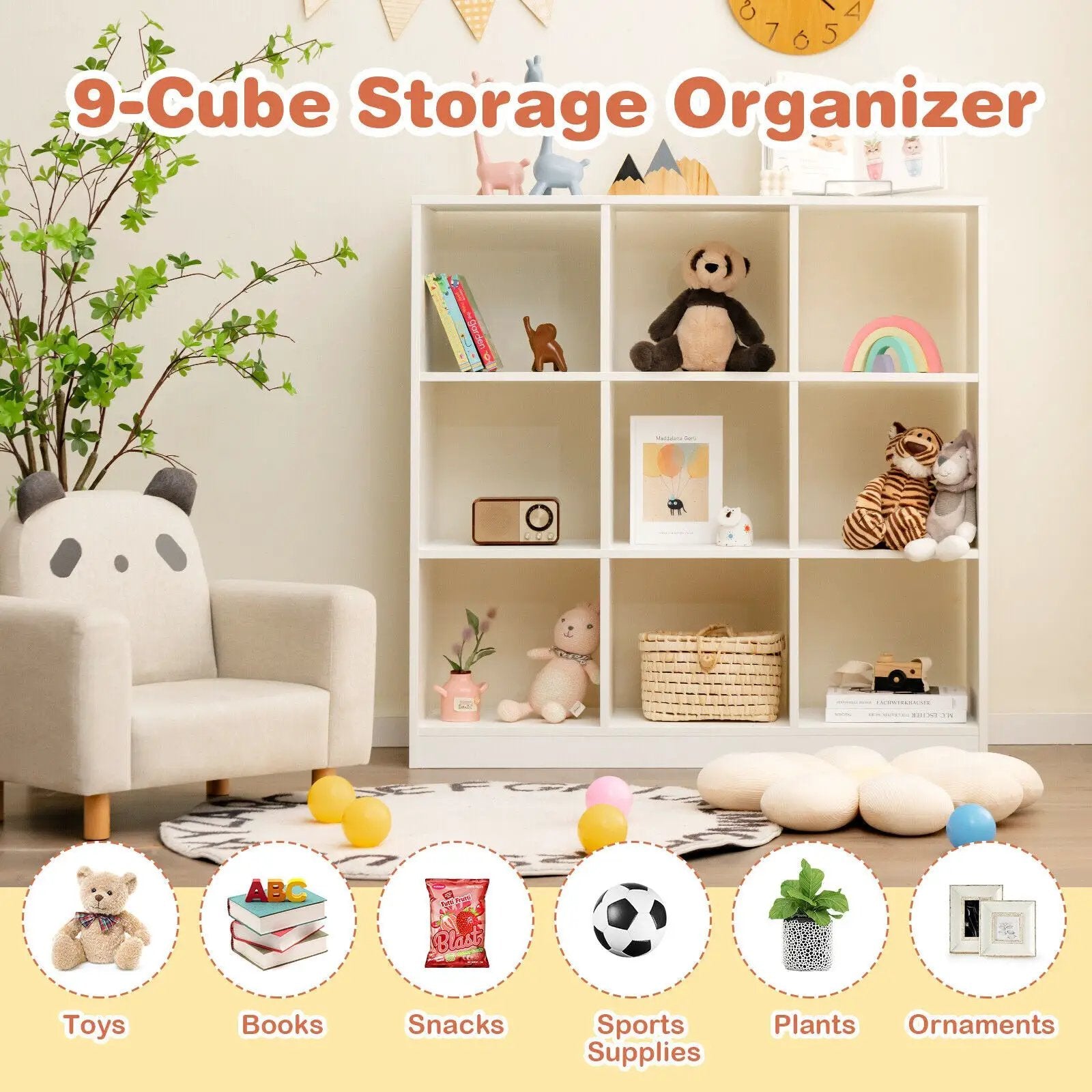 Modern 9-Cube Bookcase with 2 Anti-Tipping Kits for Books Toys Ornaments-White by DirectDeals