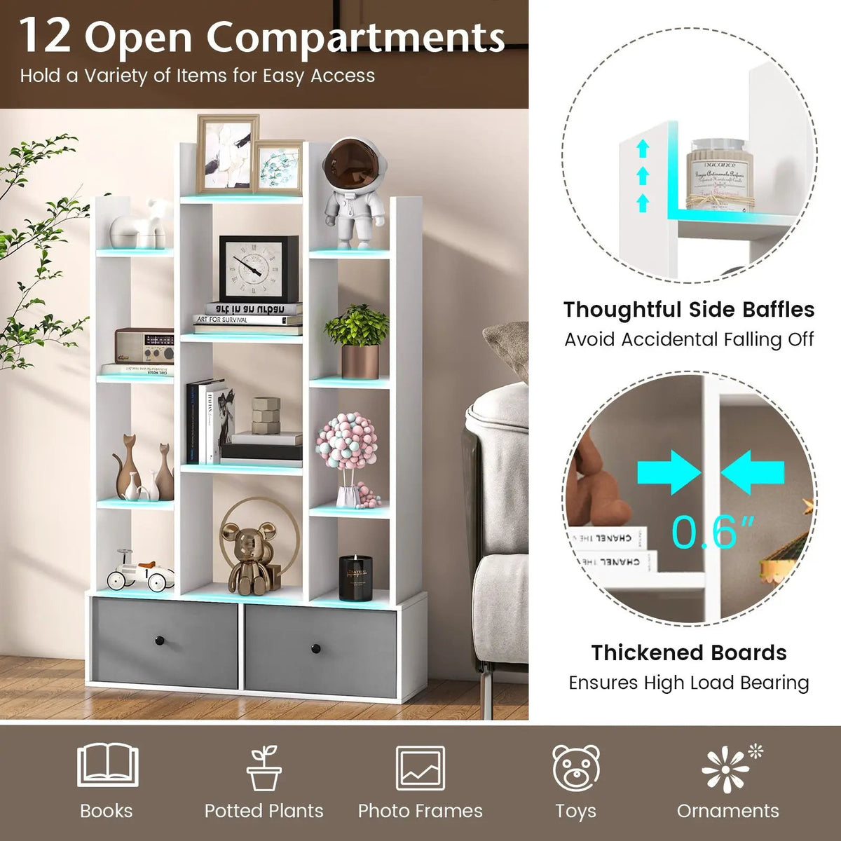 12-Tier Open-Back Freestanding Bookshelf with Drawer, photo 3 of 16