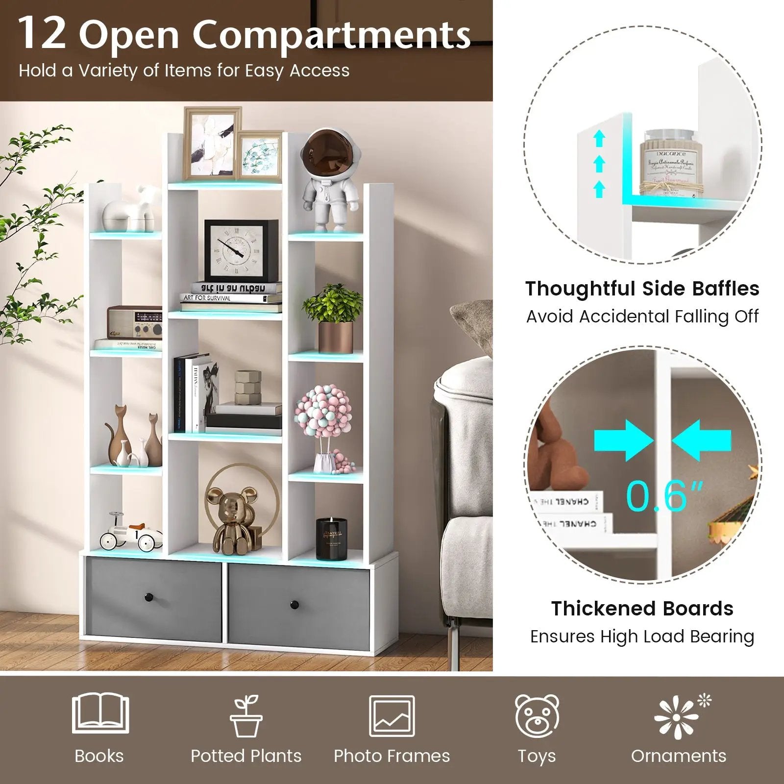 12-Tier Open-Back Freestanding Bookshelf with Drawer by DirectDeals