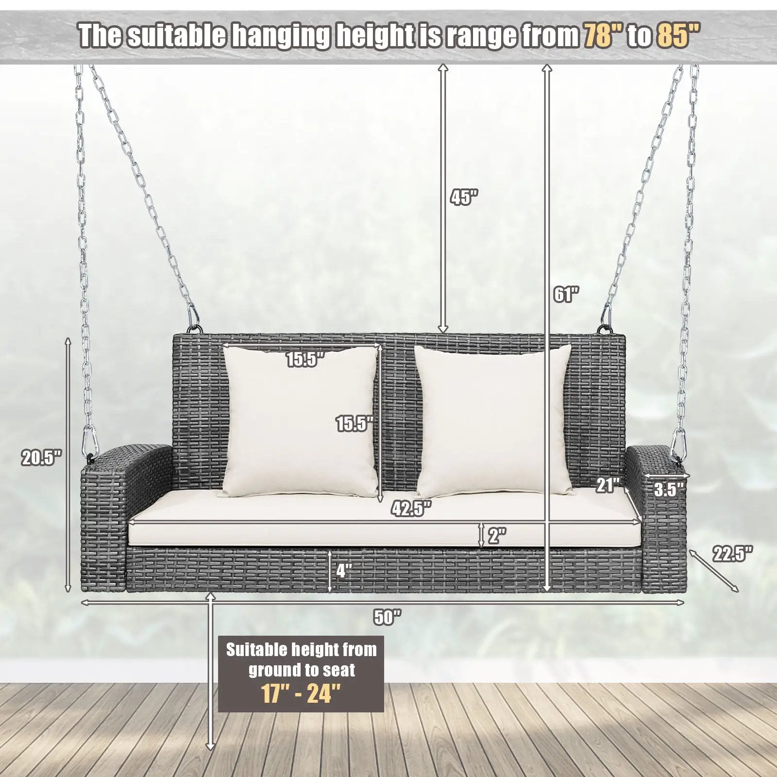 2-Person Patio PE Wicker Hanging Porch Swing Bench Chair Cushion 800 Pounds by DirectDeals