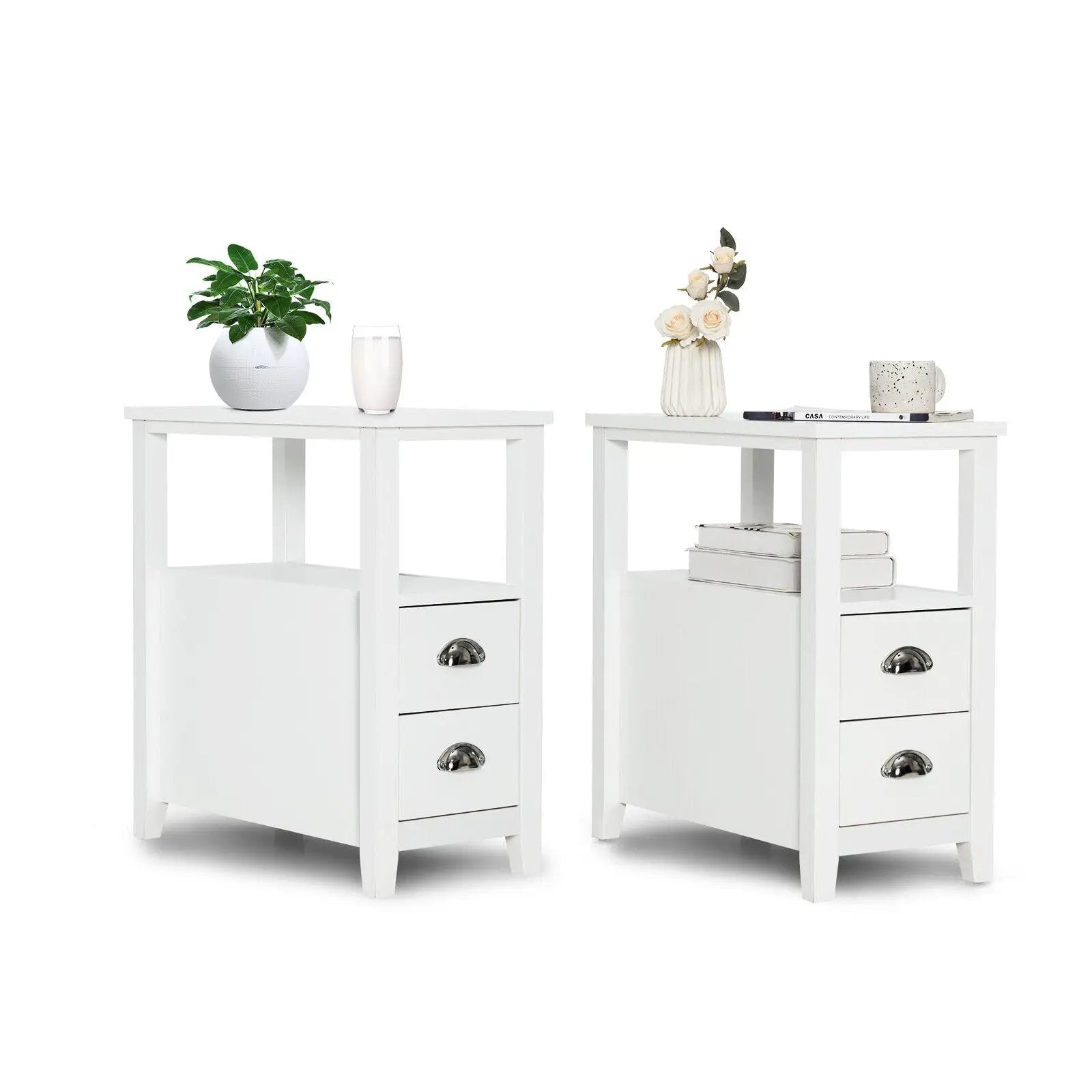 Set of 2 End Table Wooden with 2 Drawer & Shelf Bedside Table by DirectDeals