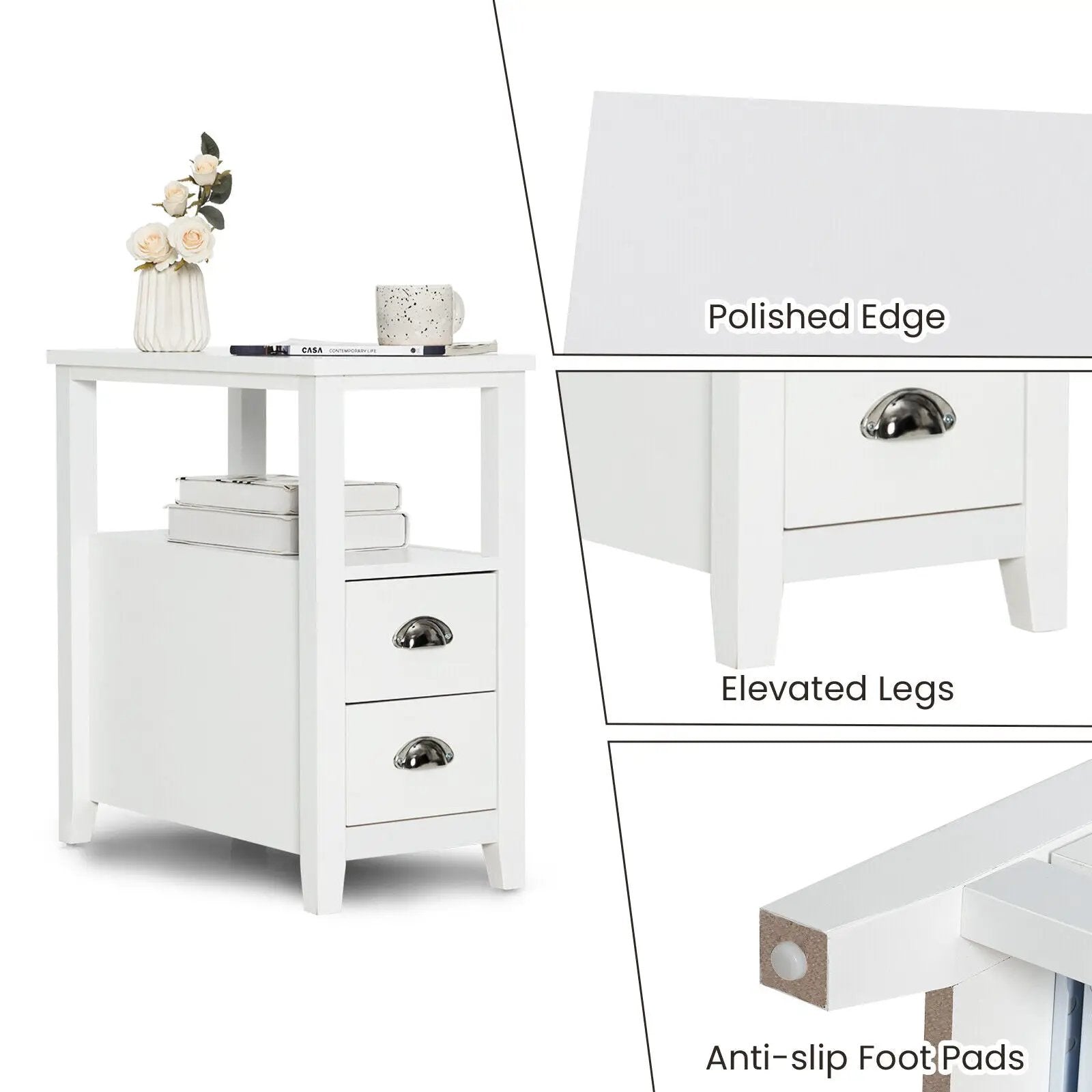 Set of 2 End Table Wooden with 2 Drawer & Shelf Bedside Table by DirectDeals