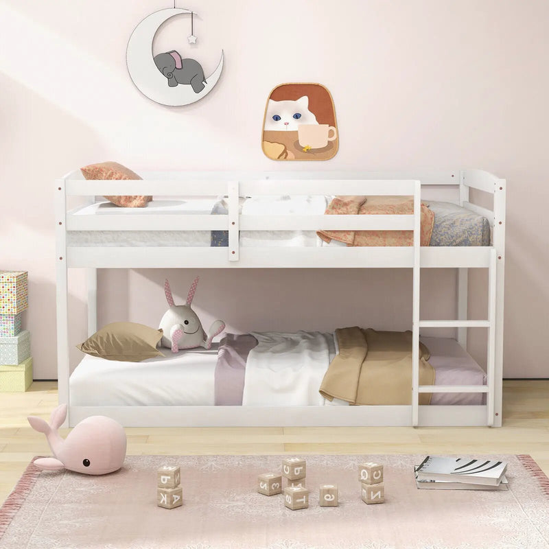 Twin Size Bunk Bed with High Guardrails and Integrated Ladder-White by DirectDeals