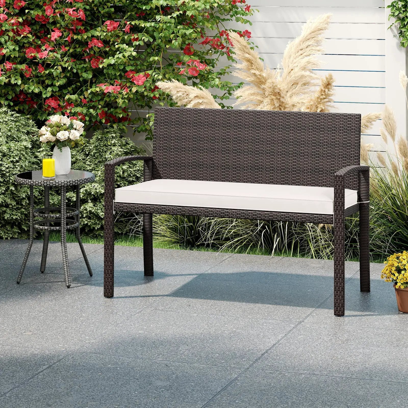Wicker 2-Seat Bench with Soft Seat Cushion and Metal Frame-White by DirectDeals