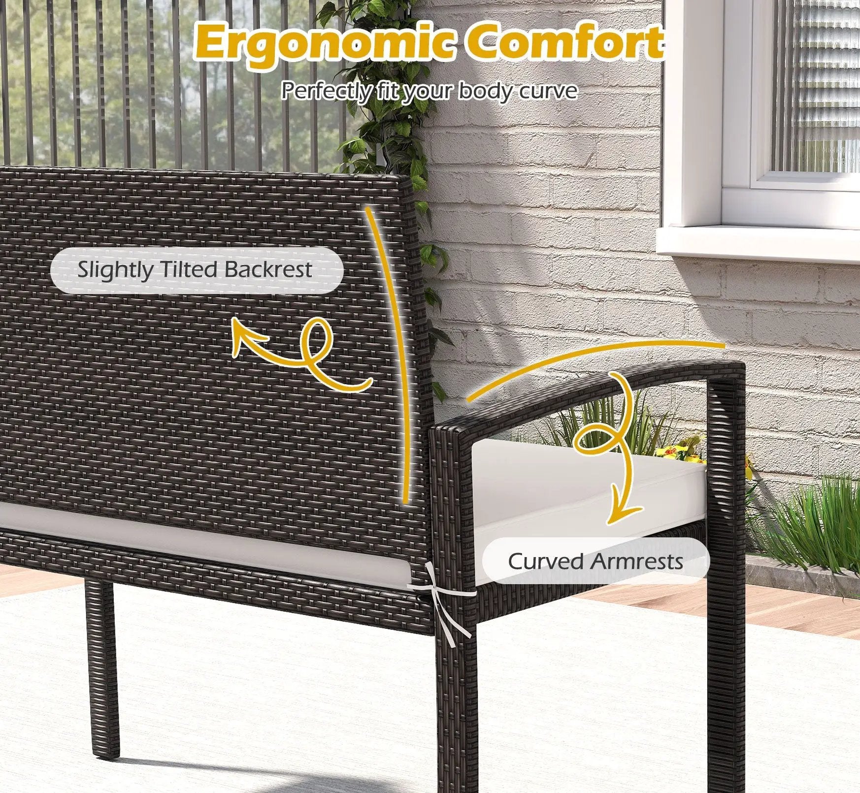 Wicker 2-Seat Bench with Soft Seat Cushion and Metal Frame-White by DirectDeals