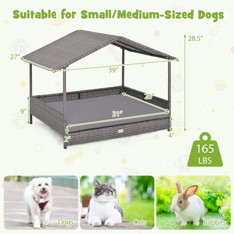 Wicker Dog House Elevated PE Rattan Dog Bed with Canopy by DirectDeals