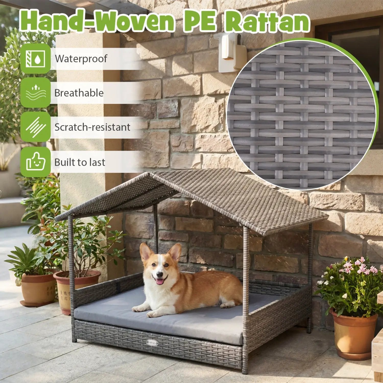 Wicker Dog House Elevated PE Rattan Dog Bed with Canopy by DirectDeals
