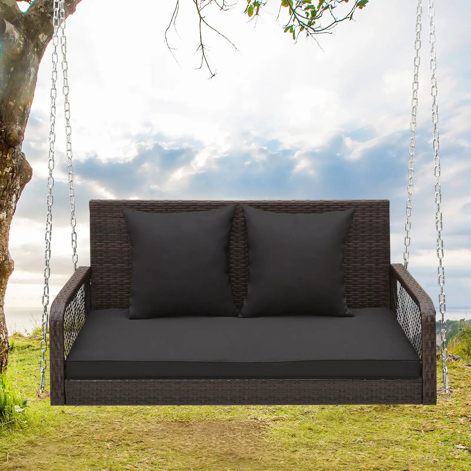 2-Person Outdoor Wicker Porch Swing with Seat and Back Cushions by DirectDeals