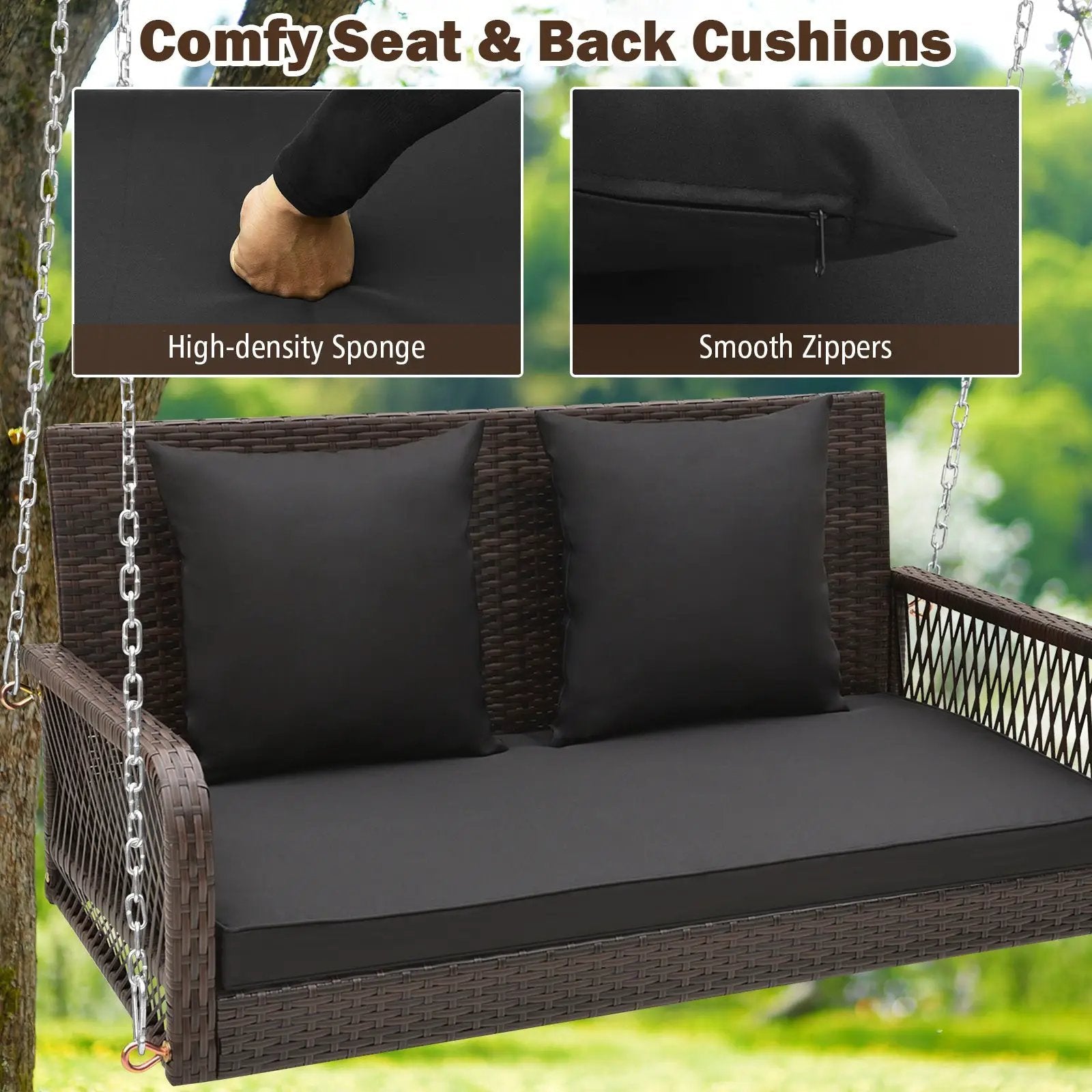 2-Person Outdoor Wicker Porch Swing with Seat and Back Cushions by DirectDeals