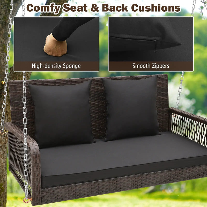 2-Person Outdoor Wicker Porch Swing with Seat and Back Cushions by DirectDeals