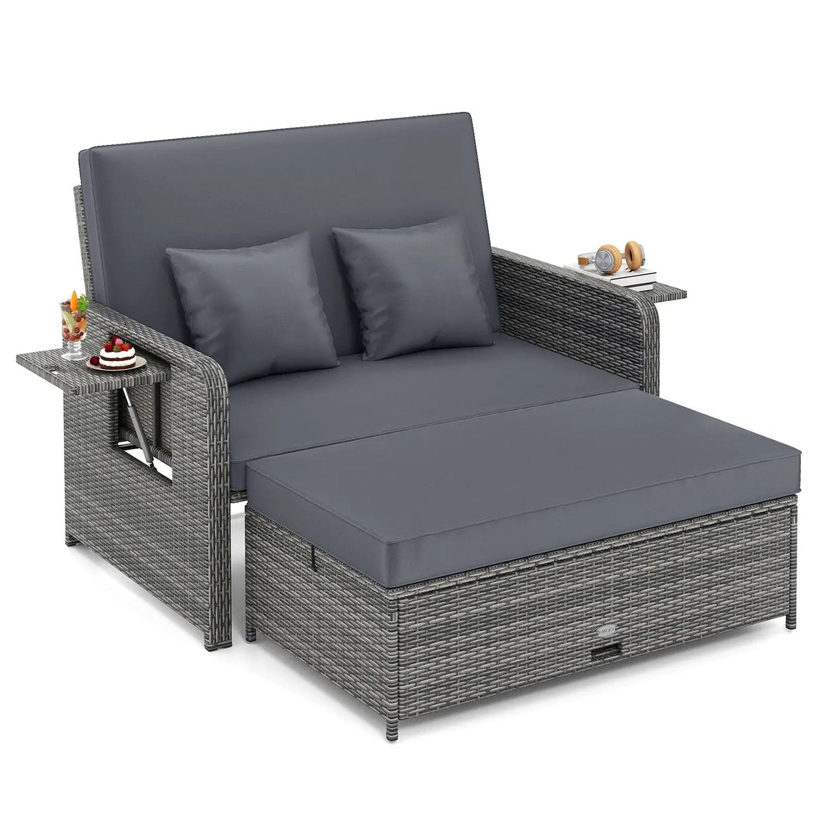 Patio Wicker Loveseat Sofa with Multipurpose Ottoman and Retractable Side Tray, photo 9 of 32