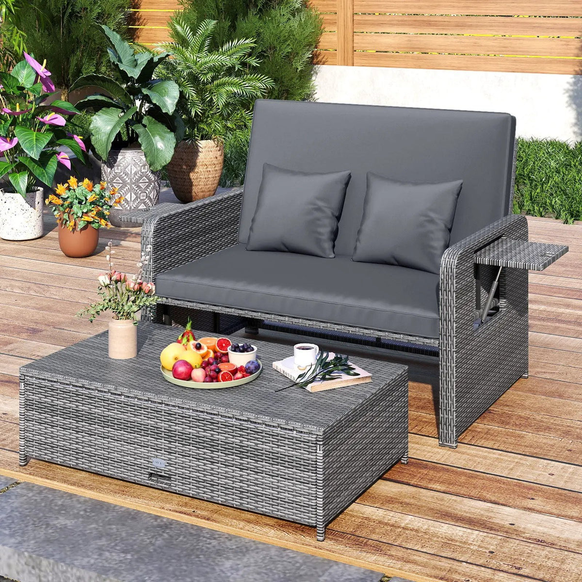 Patio Wicker Loveseat Sofa with Multipurpose Ottoman and Retractable Side Tray, photo 5 of 32