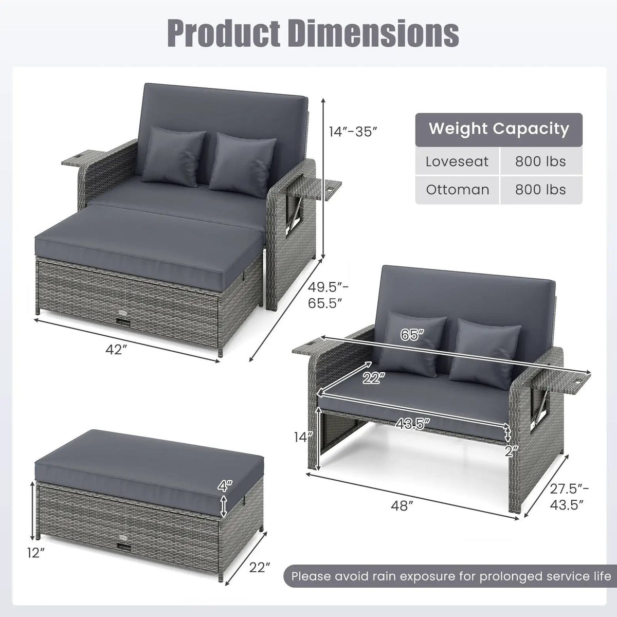 Patio Wicker Loveseat Sofa with Multipurpose Ottoman and Retractable Side Tray, photo 20 of 32