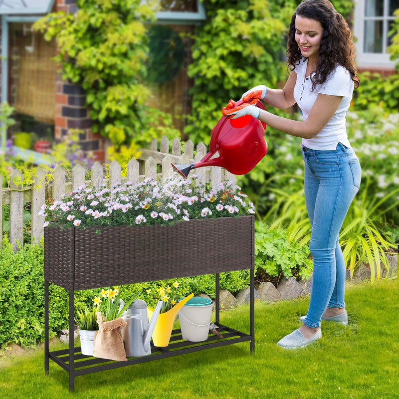 Wicker Raised Garden Bed with Storage Shelf and Drainage Gaps for Flowers by DirectDeals