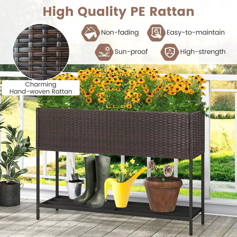 Wicker Raised Garden Bed with Storage Shelf and Drainage Gaps for Flowers by DirectDeals