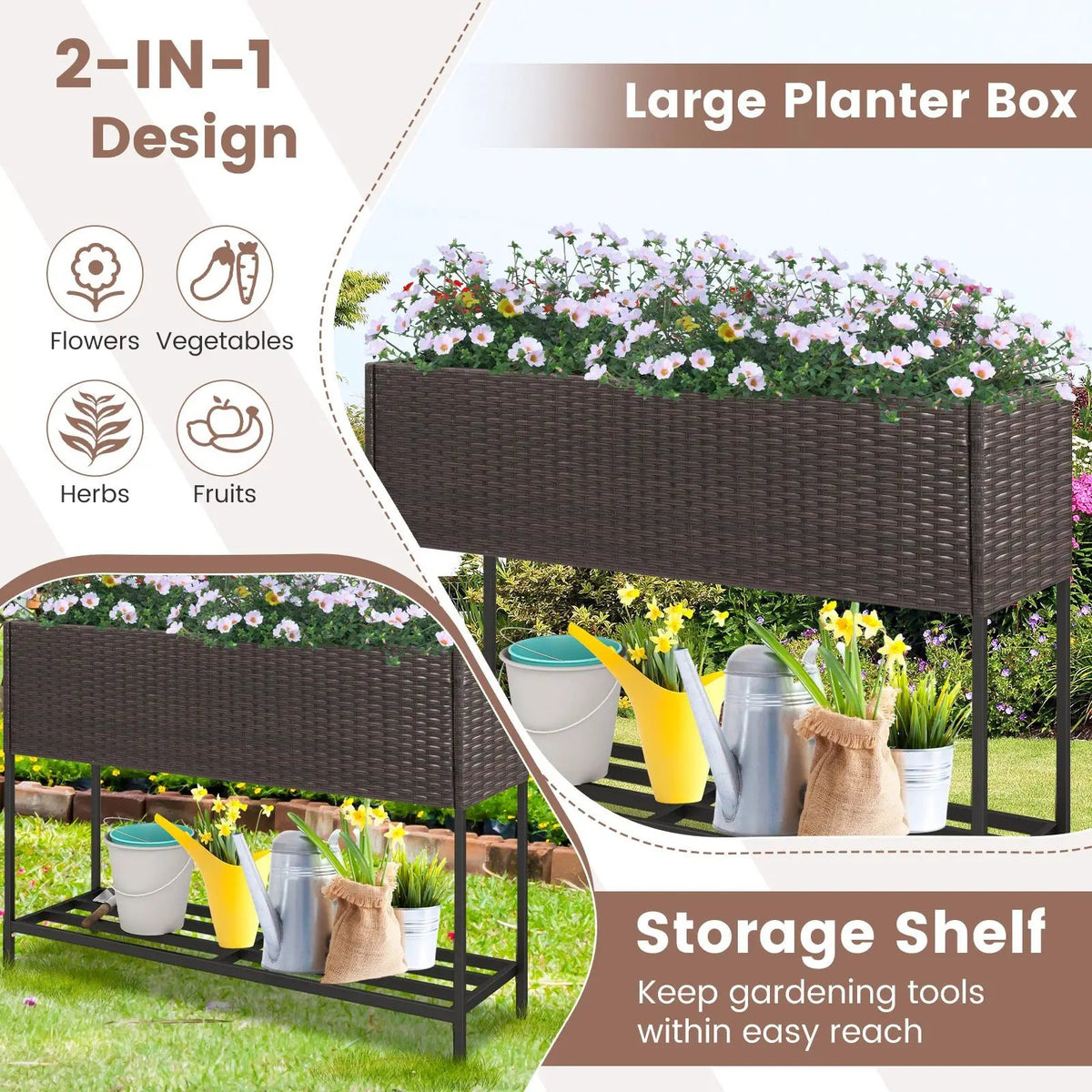 Wicker Raised Garden Bed with Storage Shelf and Drainage Gaps for Flowers, photo 7 of 9