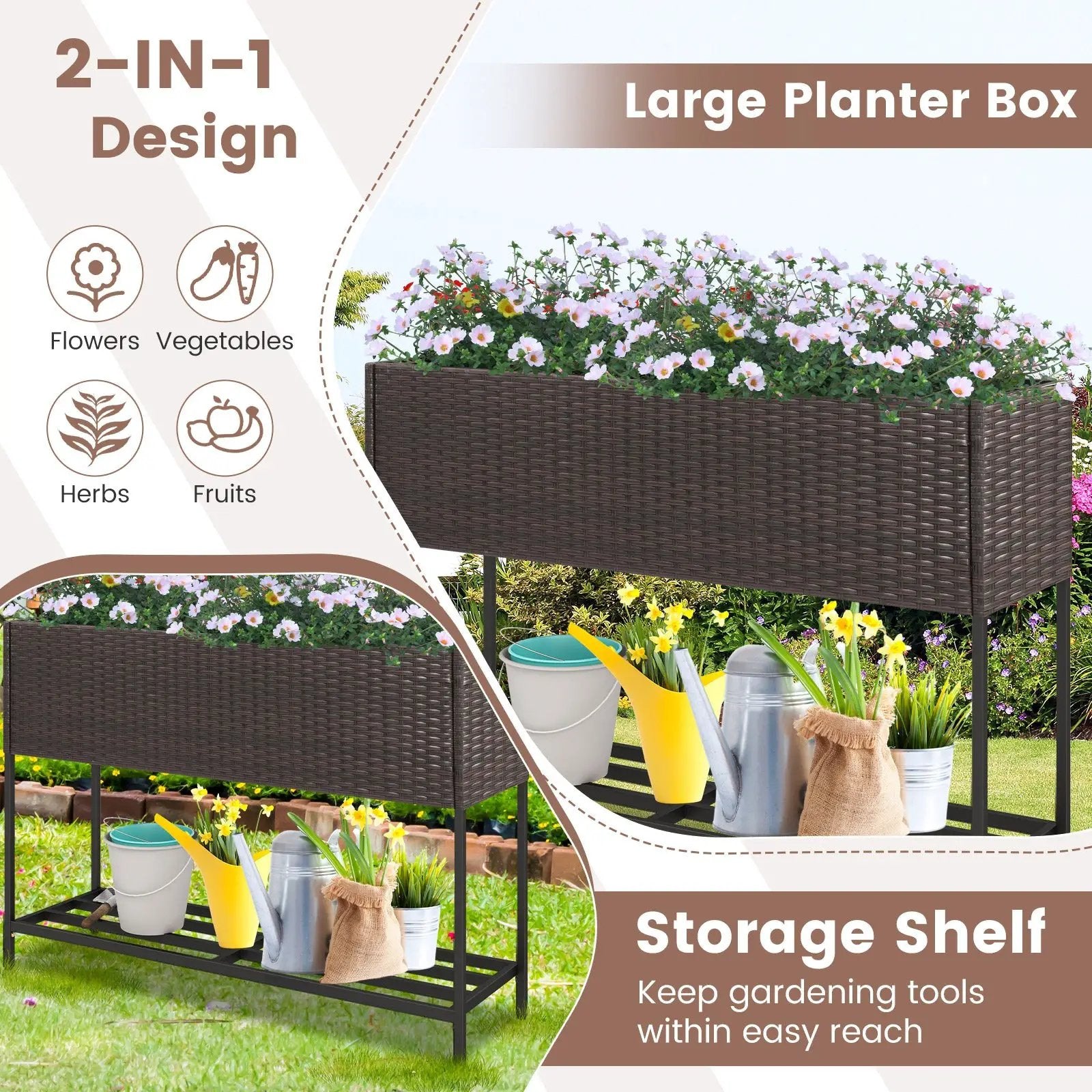 Wicker Raised Garden Bed with Storage Shelf and Drainage Gaps for Flowers by DirectDeals