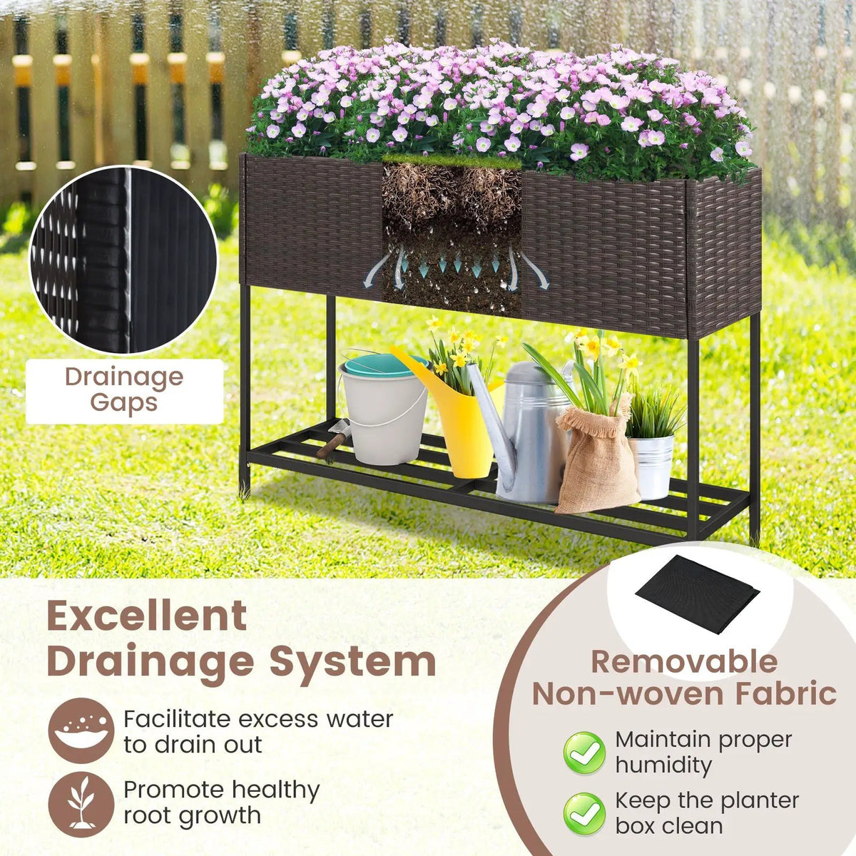 Wicker Raised Garden Bed with Storage Shelf and Drainage Gaps for Flowers, photo 8 of 9