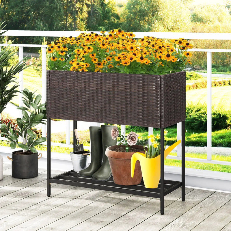Wicker Raised Garden Bed with Storage Shelf and Removable Liner for Flowers by DirectDeals
