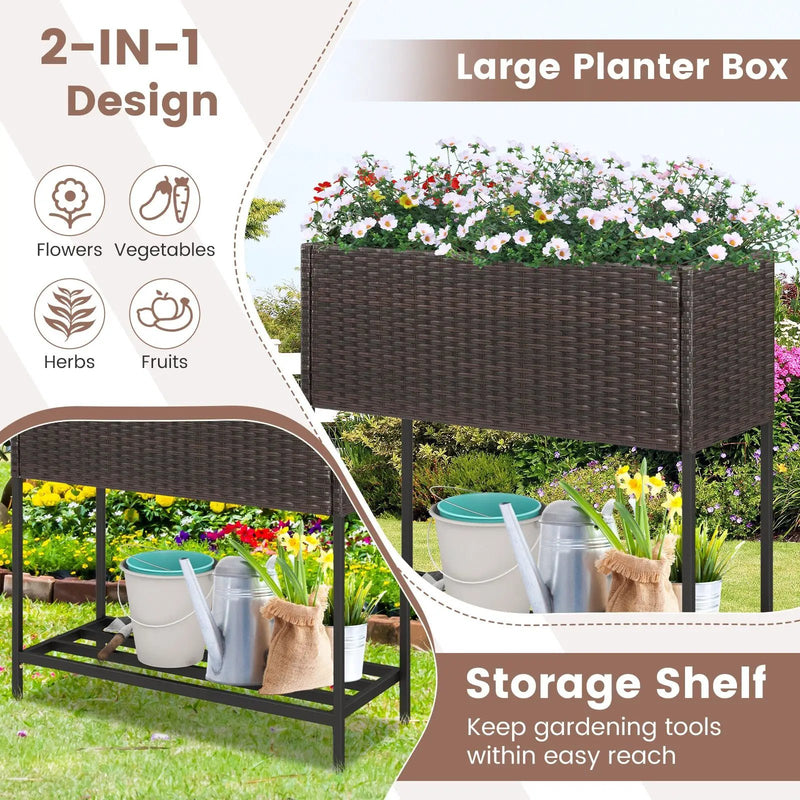 Wicker Raised Garden Bed with Storage Shelf and Removable Liner for Flowers by DirectDeals