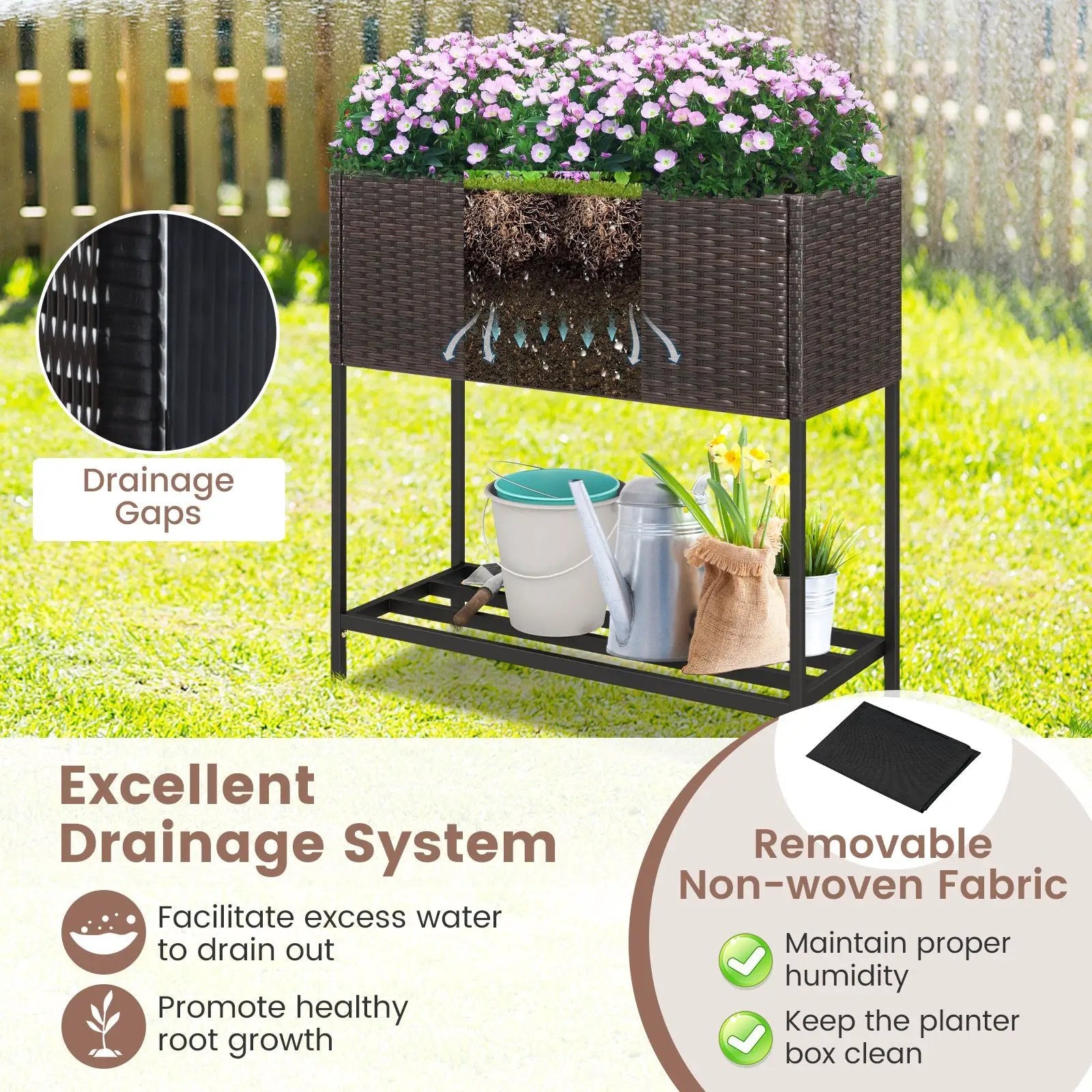 Wicker Raised Garden Bed with Storage Shelf and Removable Liner for Flowers by DirectDeals