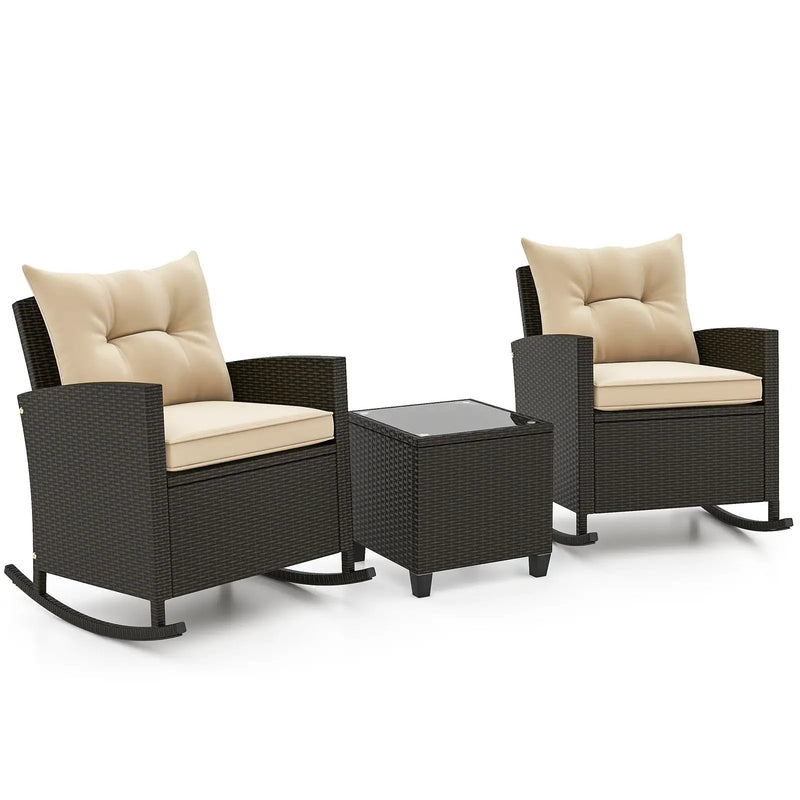 Patio Rattan Roker Chairs with Tempered Glass Table and Soft Cushions for Backyard Poolside Porch by DirectDeals