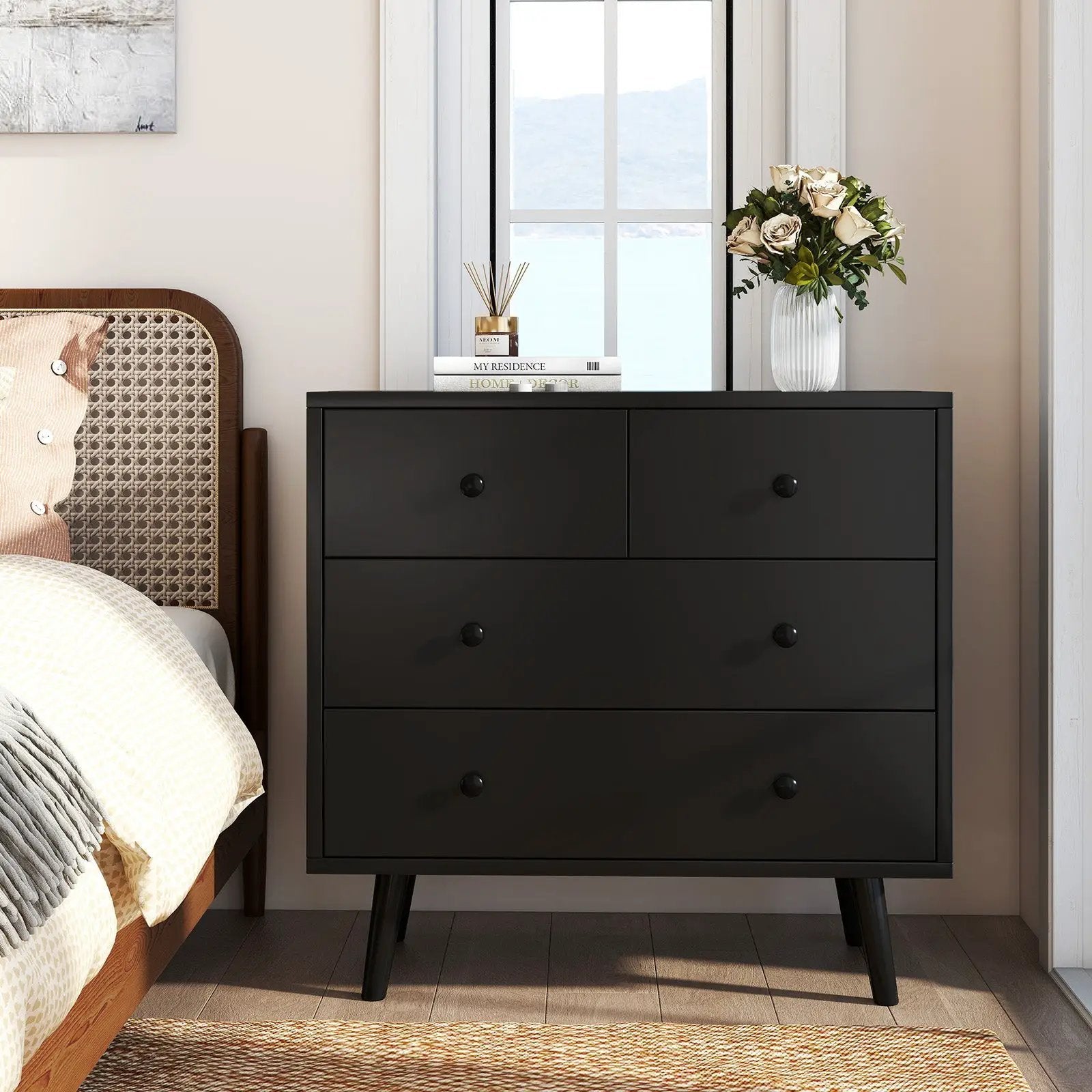 Wide Wooden Dresser with 4 Drawers for Bedroom Living Room by DirectDeals