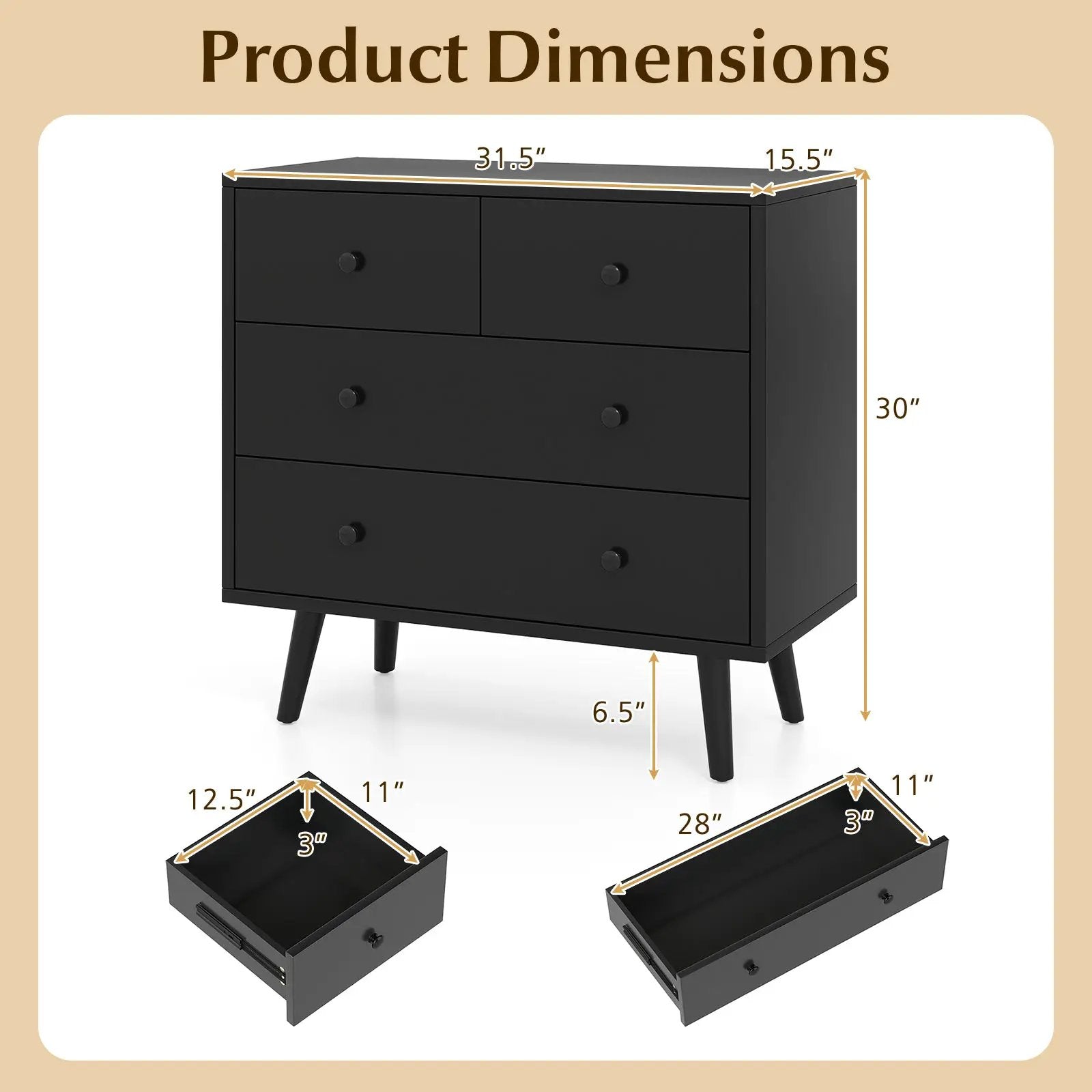 Wide Wooden Dresser with 4 Drawers for Bedroom Living Room by DirectDeals