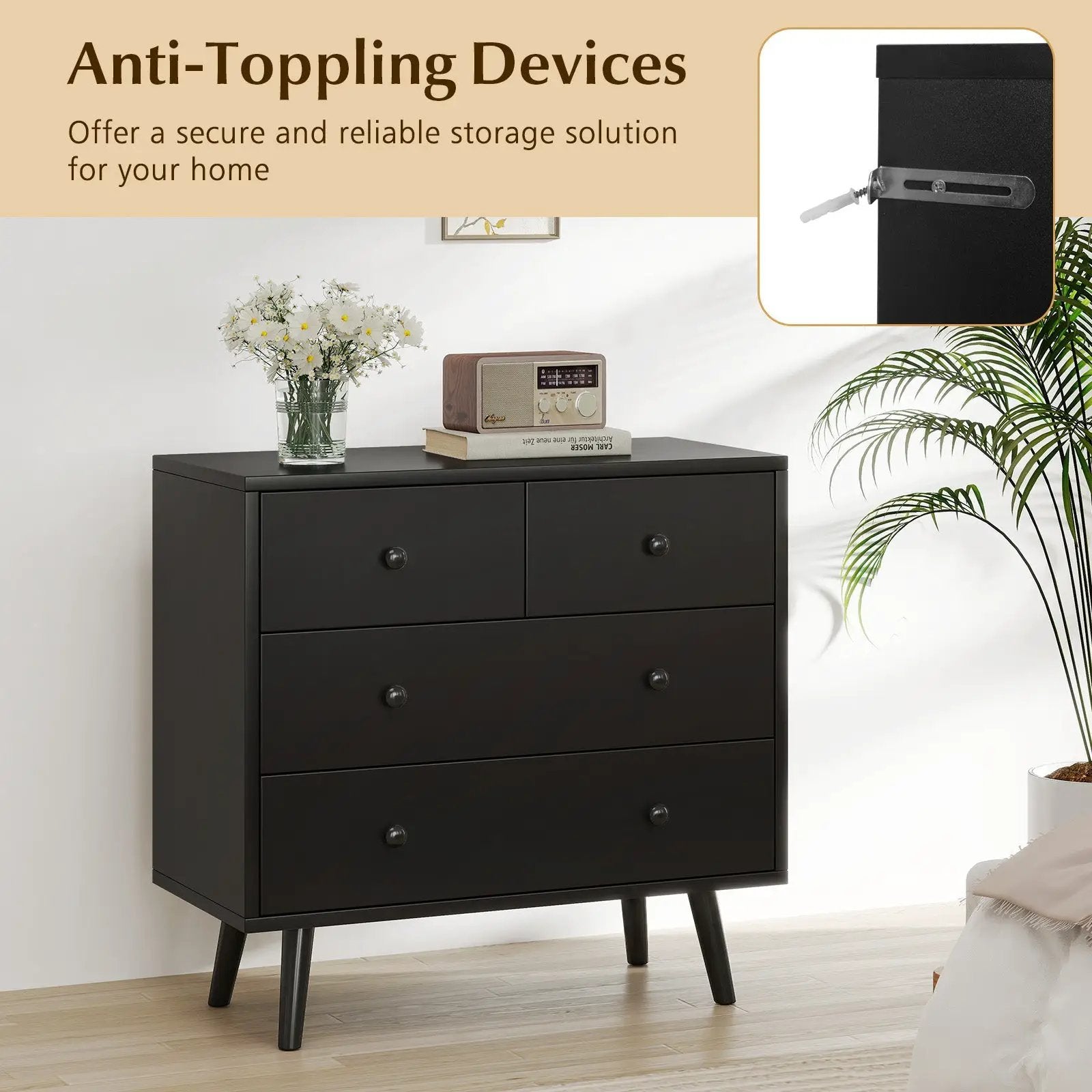 Wide Wooden Dresser with 4 Drawers for Bedroom Living Room by DirectDeals