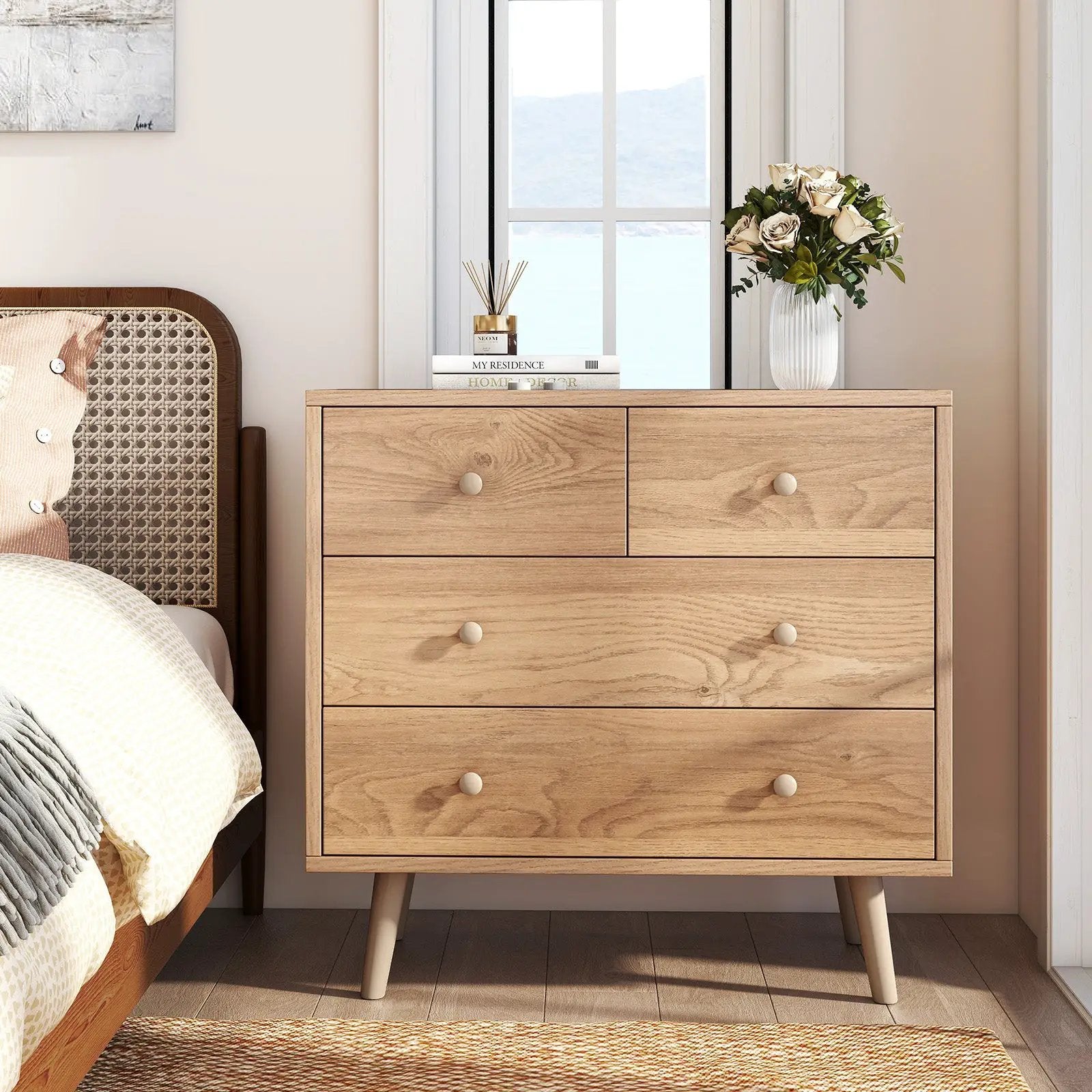 Wide Wooden Dresser with 4 Drawers for Bedroom Living Room by DirectDeals