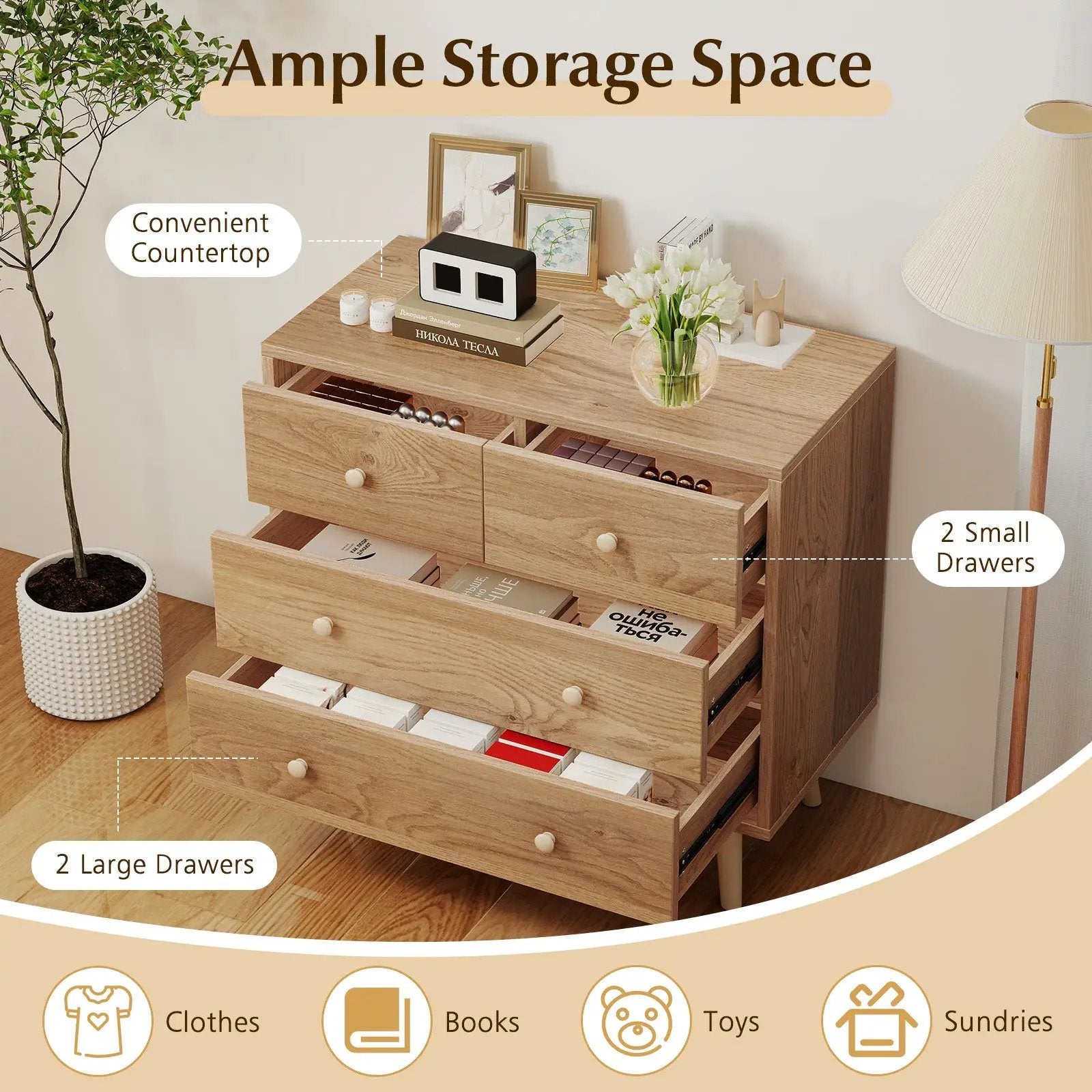 Wide Wooden Dresser with 4 Drawers for Bedroom Living Room by DirectDeals