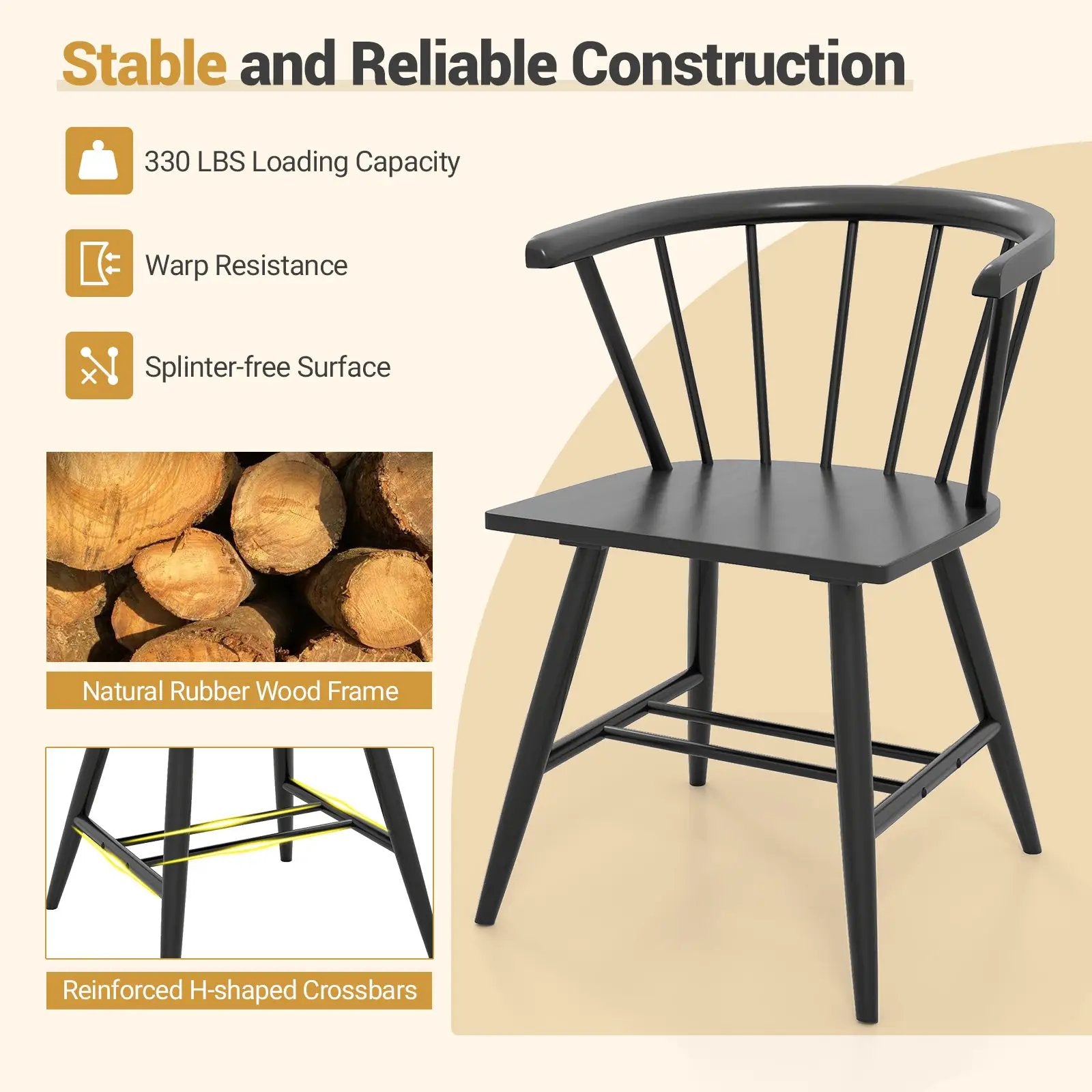 Windsor Dining Chair Set of 4 Mid-Century Modern Black Kitchen Chairs-Black by DirectDeals