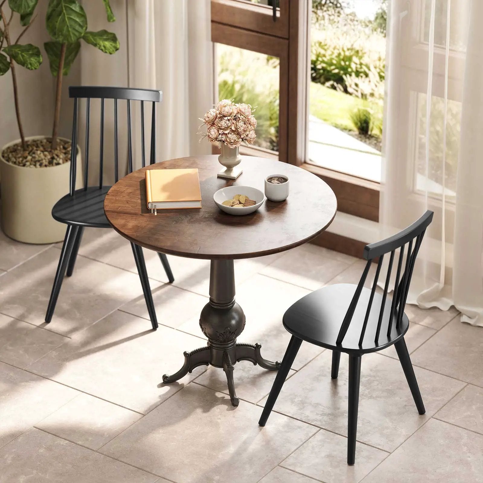 Windsor Dining Chair Set of 2 with Solid Rubber Wood Frame-Black by DirectDeals
