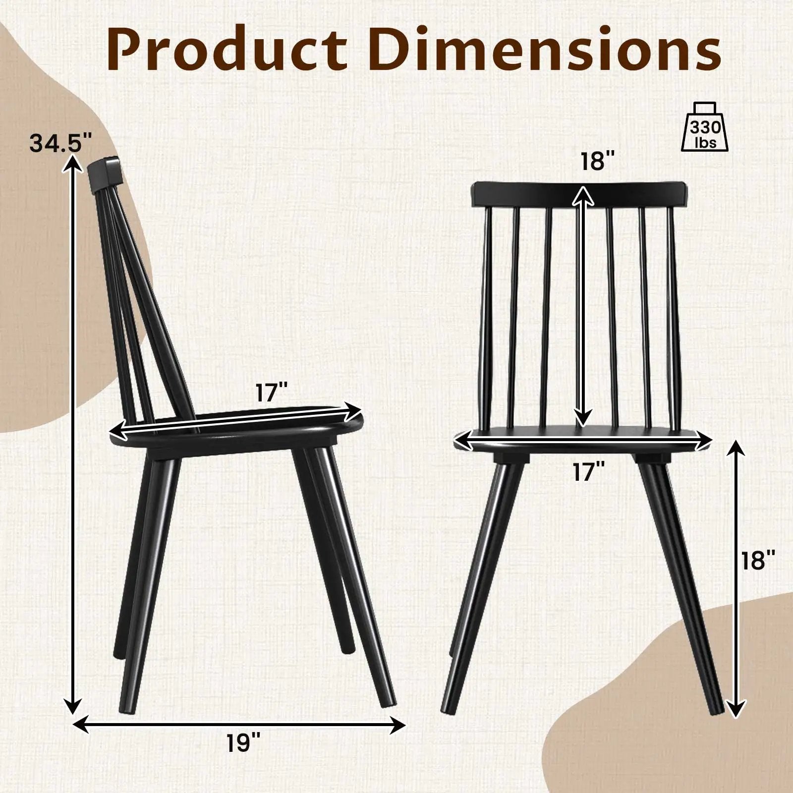 Windsor Dining Chair Set of 2 with Solid Rubber Wood Frame-Black by DirectDeals