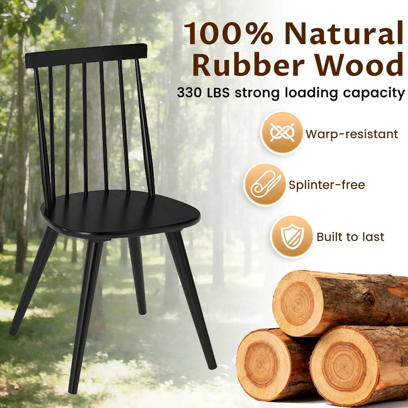 Windsor Dining Chair Set of 4 with Solid Rubber Wood Frame-Black by DirectDeals