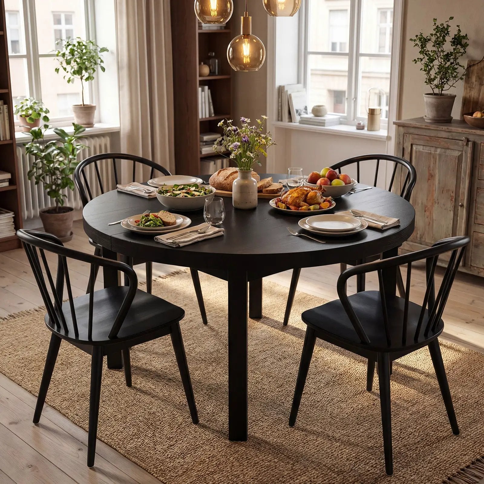 Windsor Dining Chairs Set of 4 with Spindle Backrest-Black by DirectDeals