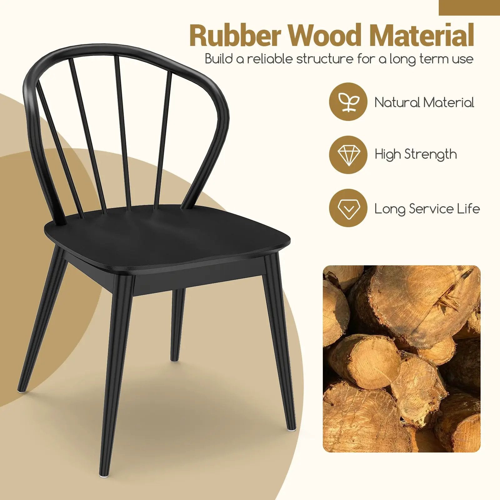 Windsor Dining Chairs Set of 4 with Spindle Backrest-Black by DirectDeals