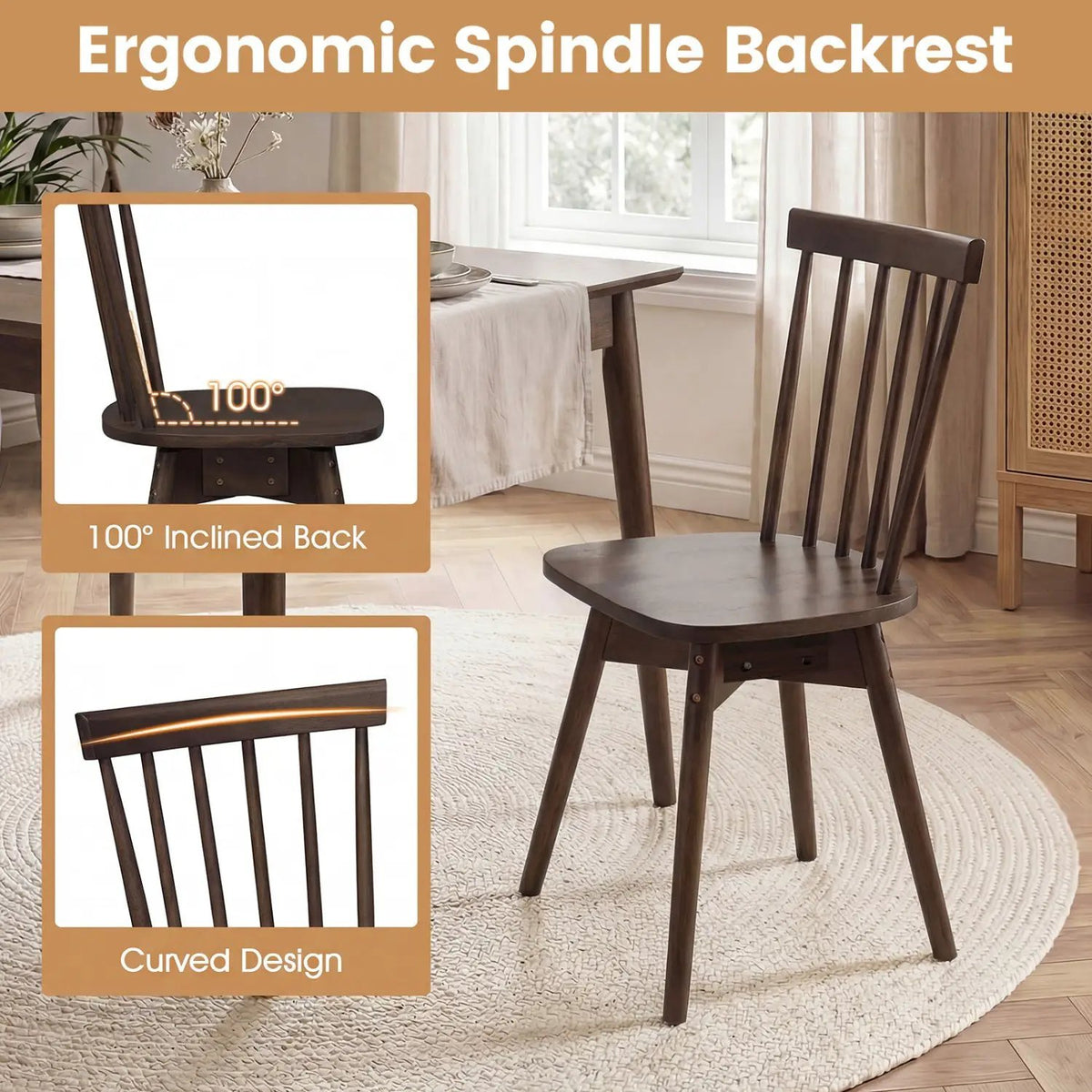 Windsor Dining Chairs Set of 2 Mid Century Rubber Wood Kitchen Chairs with Swivel Seat, photo 12 of 16