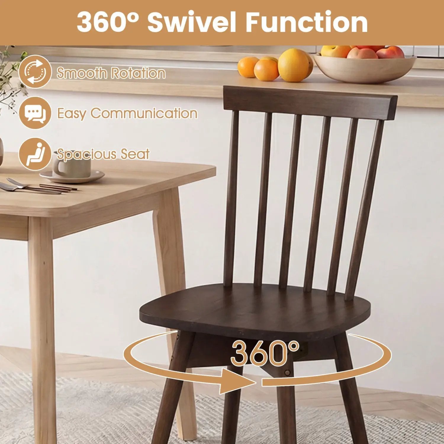 Windsor Dining Chairs Set of 4 Mid Century Rubber Wood Kitchen Chairs with Swivel Seat by DirectDeals
